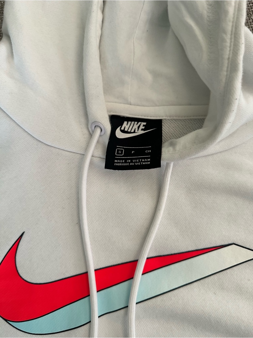 Nike Womenβs White Hoodie with Red & Light Blue Swoosh